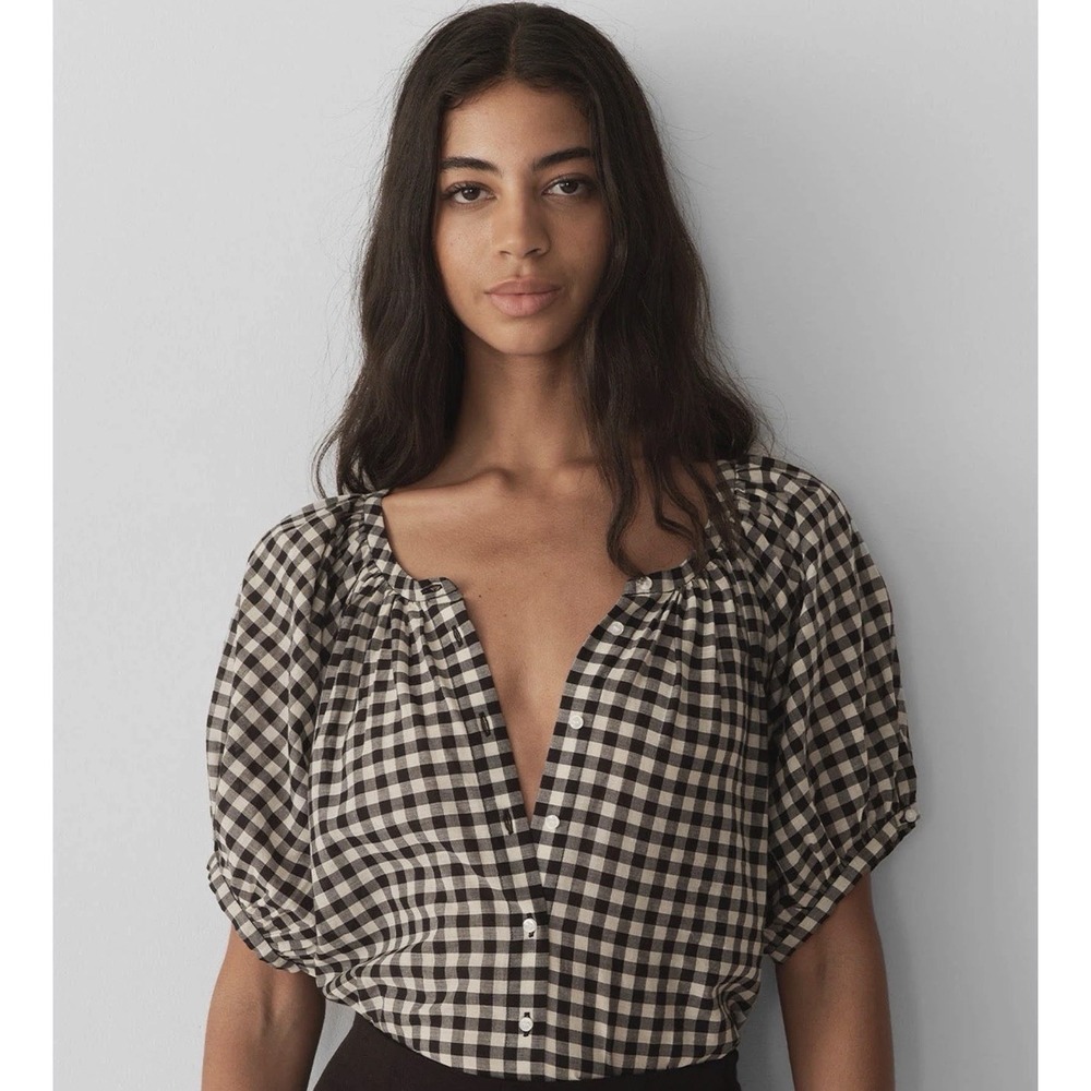 DÔEN June Top Noir Greta Gingham Sz M Cotton Puff Sleeve Blouse Button Black